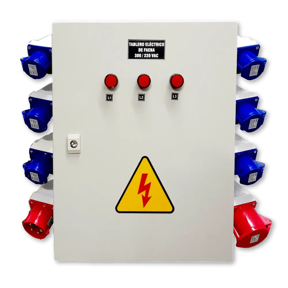 Tablero eléctrico industrial con luces piloto y enchufes de faena