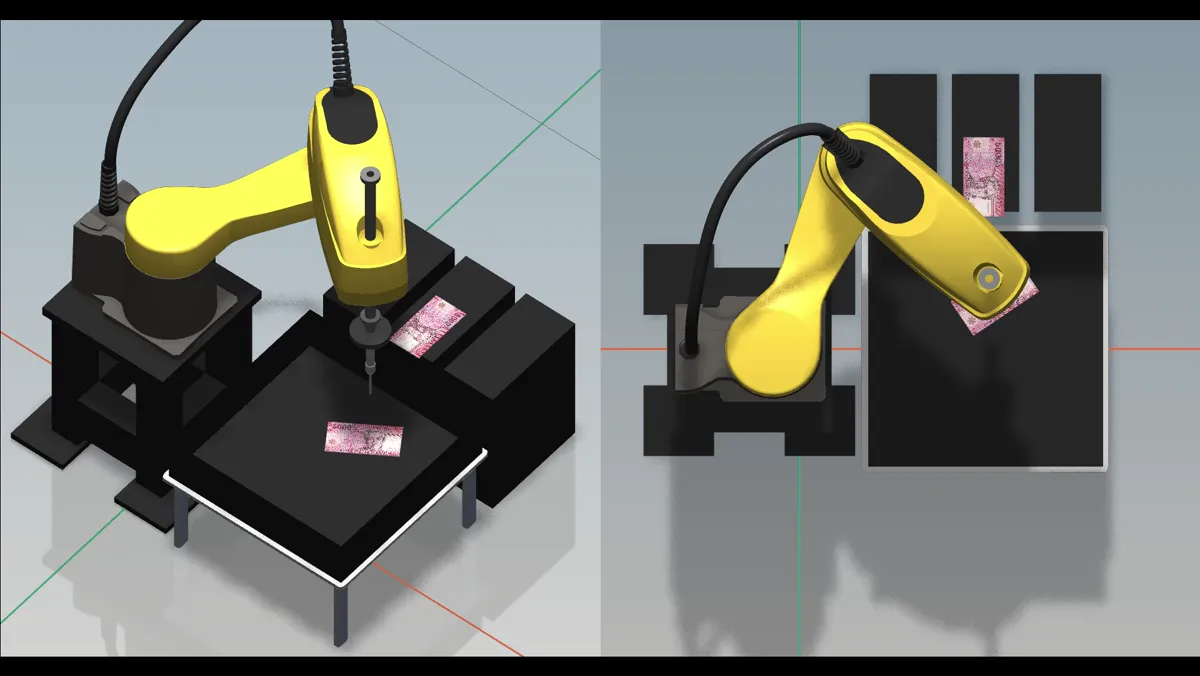 Simulación 3D de una celda robótica de procesamiento de billetes